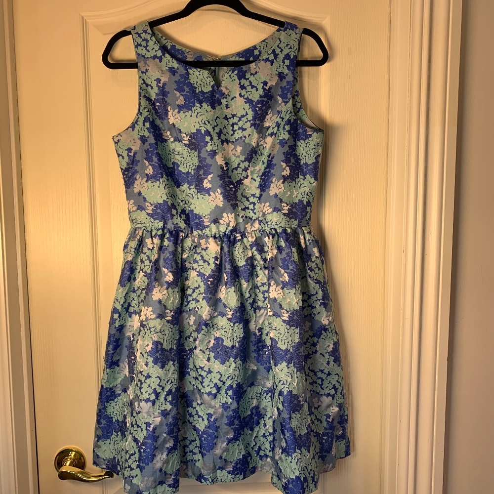 Minuet Blue & Turquoise Floral Sleeveless Fit & Flare Dress L | Lined + Mini Cri